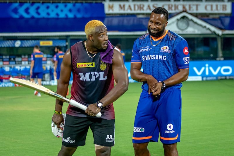 Andre Russell of Kolkata Knight Riders and Kieron Pollard of Mumbai Indians before the match 5 of the Vivo Indian Premier League 2021 between  the Kolkata Knight Riders and the Mumbai Indians held at the M. A. Chidambaram Stadium, Chennai on the 13th April 2021.

Photo by Sandeep Shetty / Sportzpics for IPL