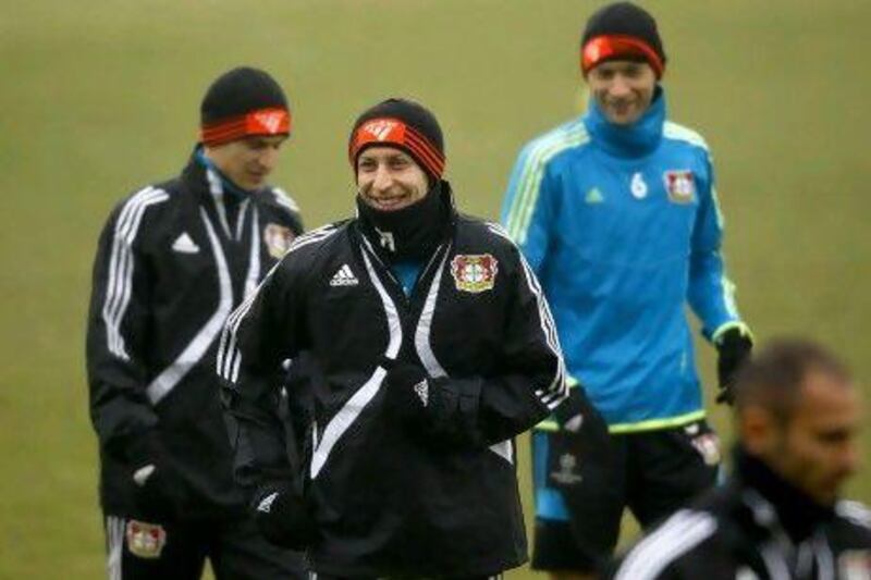Bayer Leverkusen players take part in training yesterday ahead of tonight’s match.