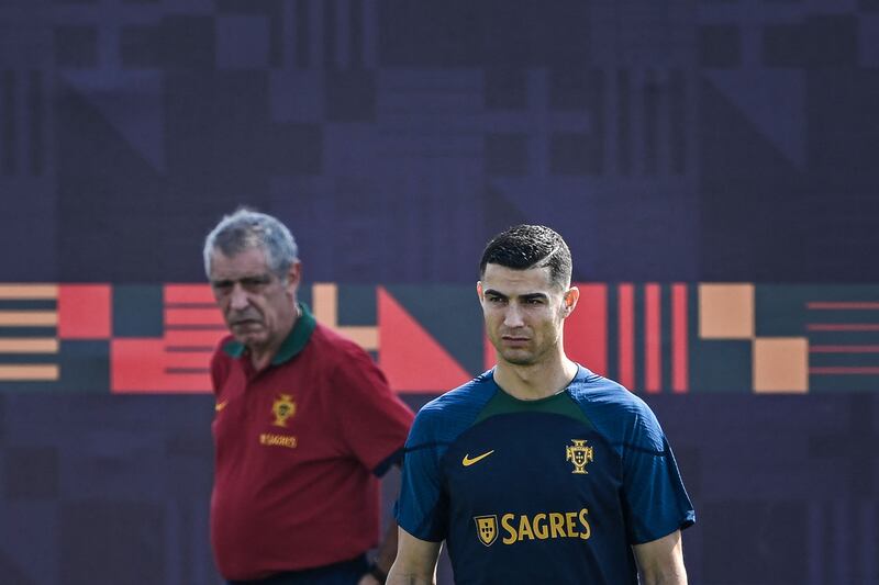 Cristiano Ronaldo takes part in a training session at Shahaniya Sports Club. AFP