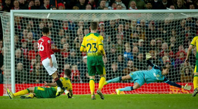 Manchester United's Mason Greenwood scored the fourth goal of the match against Norwich City at Old Trafford. EPA