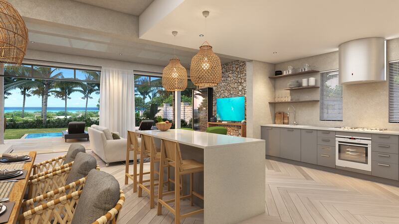 The kitchen in a three-bedroom, double-storey pool villa.