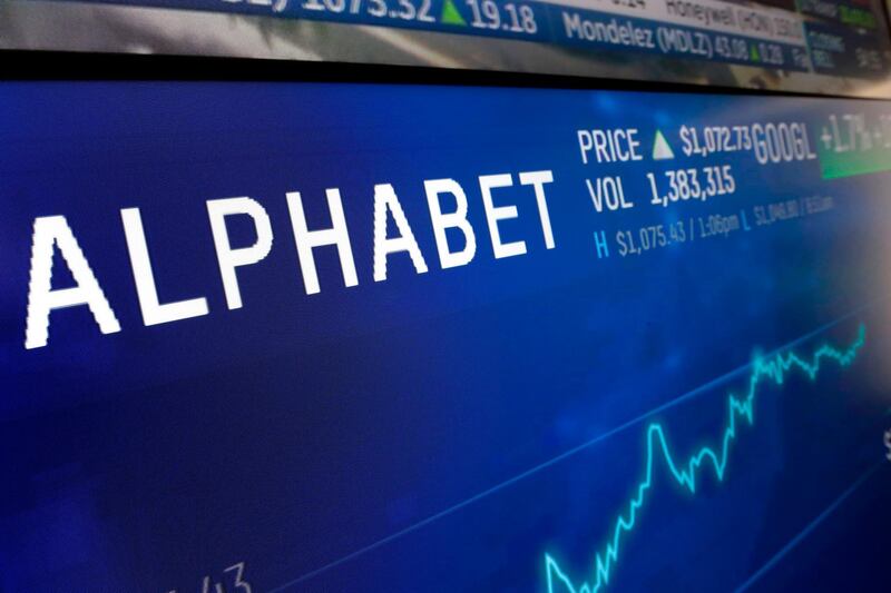FILE- In this Feb. 14, 2018, file photo the logo for Alphabet appears on a screen at the Nasdaq MarketSite in New York. Alphabet Inc. reports earnings Monday, April 23, 2018. (AP Photo/Richard Drew, File)