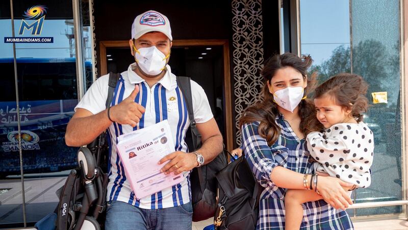 Mumbai Indians skipper Rohit Sharma with wife Ritika and daughter Samaira in Abu Dhabi for IPL 2020. Courtesy Mumbai Indians twitter / @mipaltan