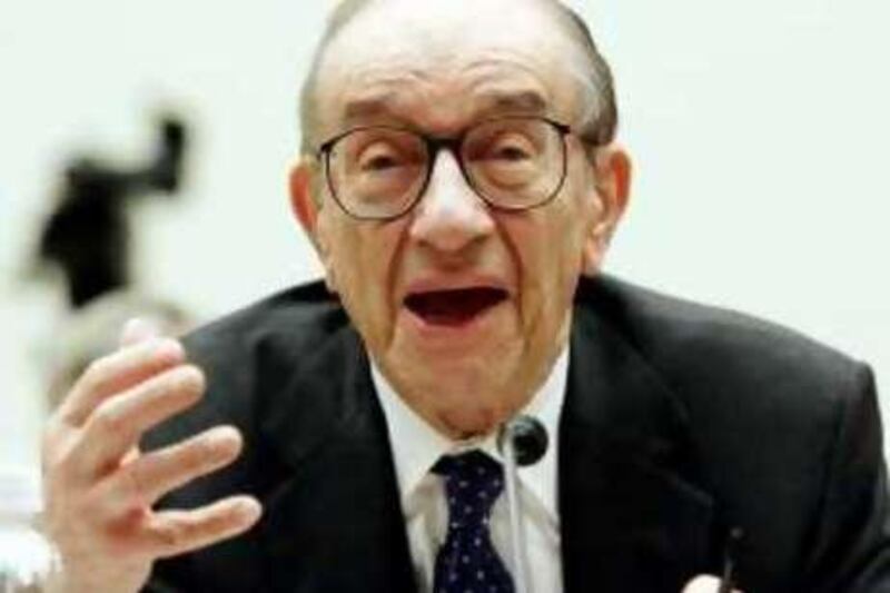 ** FILE ** In a file photo Federal Reserve Board Chairman Alan Greenspan testifies on Capitol Hill, Thursday, Nov. 3, 2005, before Congress' Joint Economic Committee.  Foreign investors will likely tire of bankrolling the bloated U.S. trade deficit but the economy's flexibility should help temper any fallout, Federal Reserve Chairman Alan Greenspan said Monday, Nov. 14,2005.   (AP Photo/Lauren Victoria Burke)