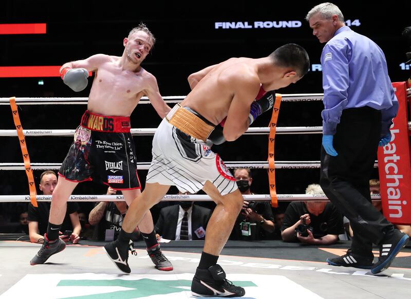 Sunny Edwards (black shorts) takes on Jayson Mama (white shorts) in the IBF World Flyweight title at the Coca-Cola Arena, Dubai. Chris Whiteoak/ The National