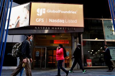 A  screen in Times Square in New York displays information on semiconductor and chipmaker GlobalFoundries, during the company's US IPO on Thursday. Reuters