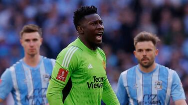 Soccer Football - FA Cup - Semi Final - Coventry City v Manchester United - Wembley Stadium, London, Britain - April 21, 2024  Manchester United's Andre Onana reacts after referee Robert Jones disallows Coventry City's Victor Torp's goal Action Images via Reuters / Andrew Couldridge