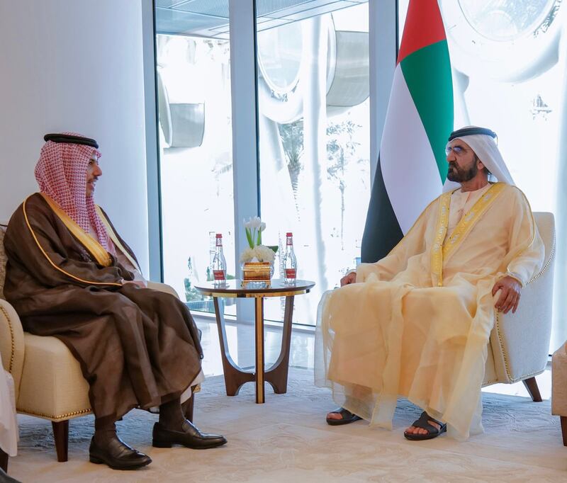 Sheikh Mohammed bin Rashid, Vice President and Ruler of Dubai, met Saudi Foreign Minister Prince Faisal bin Farhan at Expo 2020 Dubai on Monday. All photos: Dubai Media Office