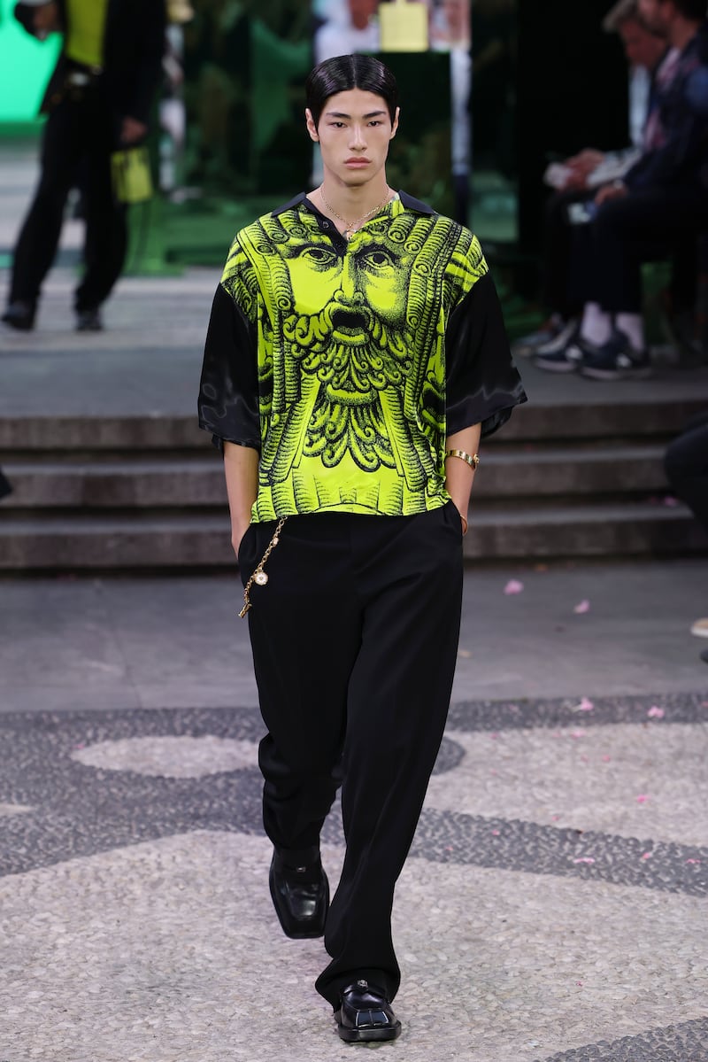 The Versace spring/summer 2023 collection features an archive drawing of a man from Pompeii. Getty Images
