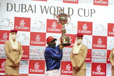 DUBAI , UNITED ARAB EMIRATES , MARCH 27 – 2021 :- MYSTIC GUIDE (USA ) ridden by LUIS SAEZ ( no 10 ) won the 9th horse race Dubai World Cup 2000m Dirt during the Dubai World Cup held at Meydan Racecourse in Dubai. ( Pawan Singh / The National ) For News/Sports/Instagram/Big Picture. Story by Amith