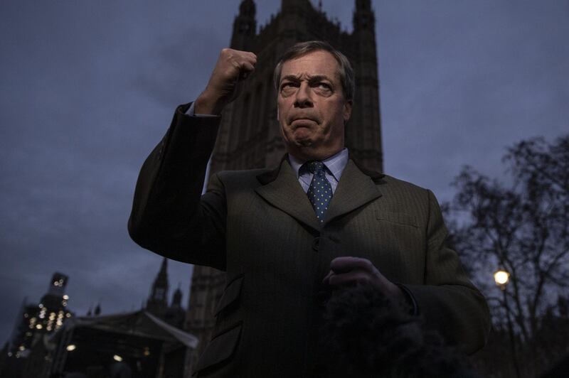 LONDON, ENGLAND - DECEMBER 10: Brexit campaigner and member of the European Parliament, Nigel Farage talks to the media in Westminster on December 10, 2018 in London, England. The Government have delayed the Meaningful Vote on Theresa May's Brexit deal, due to take place tomorrow, after hope that it would win the support of MPs faded.  (Photo by Dan Kitwood/Getty Images)
