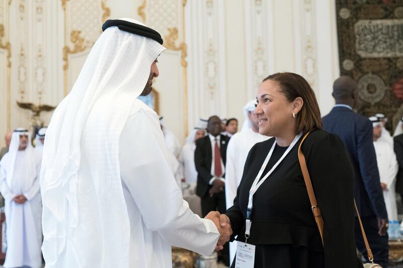 ABU DHABI, UNITED ARAB EMIRATES - October 07, 2019: HH Sheikh Mohamed bin Zayed Al Nahyan, Crown Prince of Abu Dhabi and Deputy Supreme Commander of the UAE Armed Forces (L), receives a minister who participated in the 26th Abu Dhabi World Road Congress (R), during a Sea Palace barza. 


( Rashed Al Mansoori / Ministry of Presidential Affairs )
---