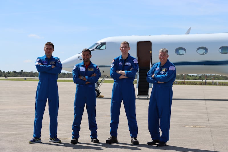 From right: Stephen Bowen, Woody Hoburg, Dr Al Neyadi and Russian cosmonaut Andrey Fedyaev