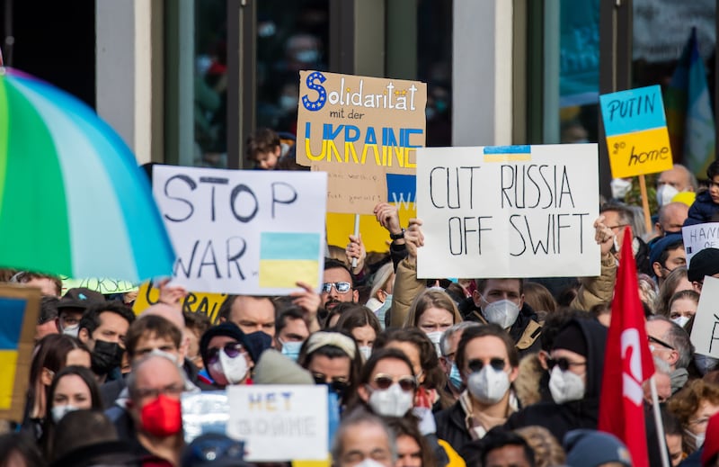 People protest in Germany to demand the introduction of Swift banking sanctions against Russia. EPA