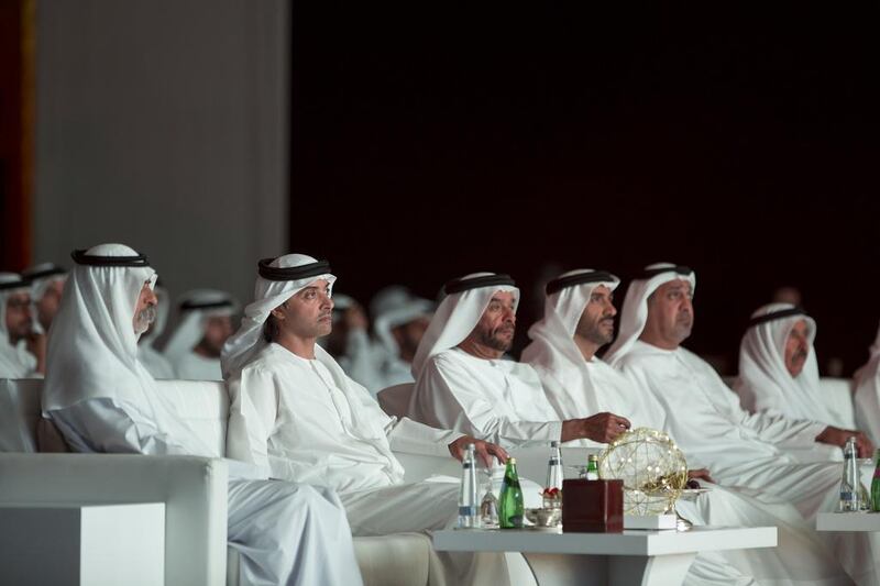 From left, Sheikh Nahyan bin Mubarak, Minister of Culture Youth and Community Development, Sheikh Hazza bin Zayed, Sheikh Suroor bin Mohammed, Sheikh Nahyan bin Zayed, Chairman of the Board of Trustees of Zayed bin Sultan Al Nahyan Charitable and Humanitarian Foundation, and Dr Sheikh Sultan bin Khalifa, Adviser to the UAE President, at the Abu Dhabi Awards ceremony at Emirates Palace. Ryan Carter / Crown Prince Court — Abu Dhabi