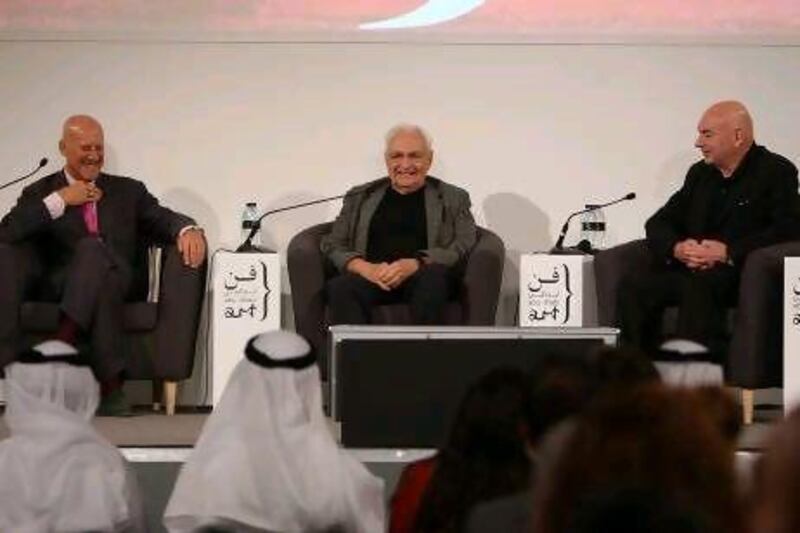 Top architects of the world Norman Foster , Frank Gehry and Jean Nouvel gather at Manarat Al Saadiyat in Abu Dhabi during the panel discussion "Saadiyat Cultural District Talking Art Series : Architecture Visionaries" .