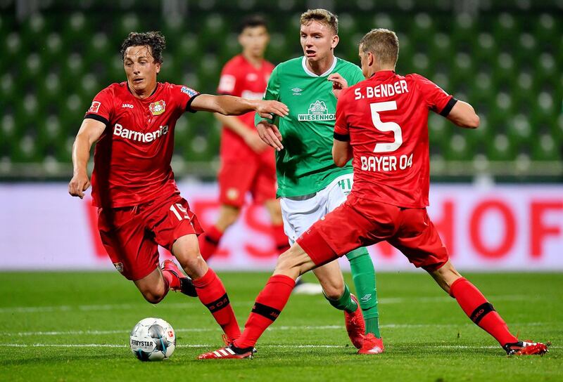 Bayer Leverkusen's Julian Baumgartlinger and Sven Bender in action with Werder Bremen's Nick Woltemade, as play resumes behind closed doors following the outbreak of the coronavirus disease (COVID-19. REUTERS