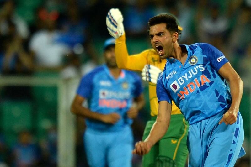 India's Deepak Chahar after taking the wicket of South Africa captain Temba Bavuma. AFP