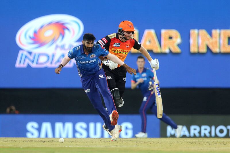 Jasprit Bumrah of Mumbai Indians and Jonny Bairstow of Sunrisers Hyderabad collide during match 9 of the Vivo Indian Premier League 2021 between the Mumbai Indians and the Sunrisers Hyderabad held at the M. A. Chidambaram Stadium, Chennai on the 17th April 2021.

Photo by Vipin Pawar / Sportzpics for IPL