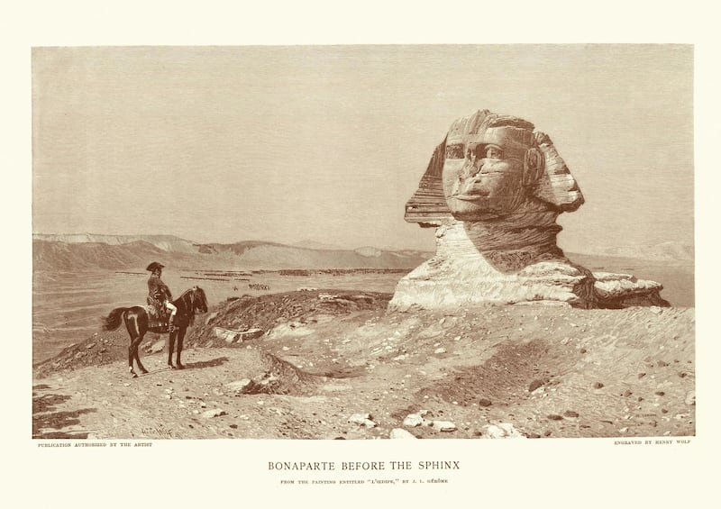 Vintage engraving of Napoleon Bonaparte before the Sphinx, after the painting by J L Gerome. Getty Images