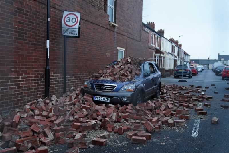 Falling masonry damaged this car in Sunderland, northern England. Photo: PA