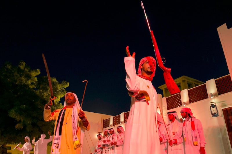 DUBAI, UNITED ARAB EMIRATES, 2 DEC 2015. Al razfa performance as part of the celebrations of UAE's 44th National Day at Heritage Village. Photo: Reem Mohammed/ The National (Reporter: Nick Webster Section: NA National Day) ID: 89935 *** Local Caption ***  RM_20151202_ND_018.JPG