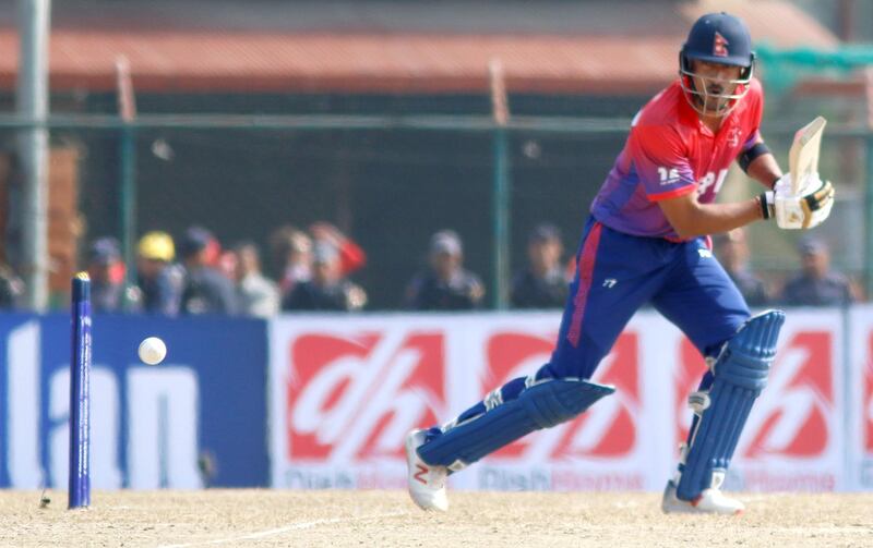 Paras Khadka of Nepal bats during the ICC Cricket World Cup League 2 match between USA and Nepal at TU Cricket Stadium on 8 Feb 2020 in Nepal