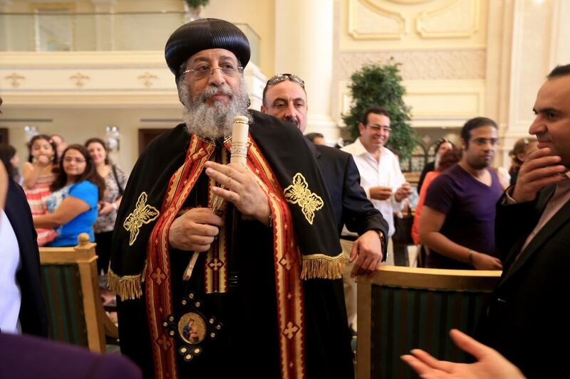 Coptic Pope Tawadros II blesses guests at Ritz Carlton hotel in Abu Dhabi. He also met the Rulers of Abu Dhabi, Dubai, Sharjah, Ajman, Ras Al Khaimah and Umm Al Quwain. Ravindranath K / The National