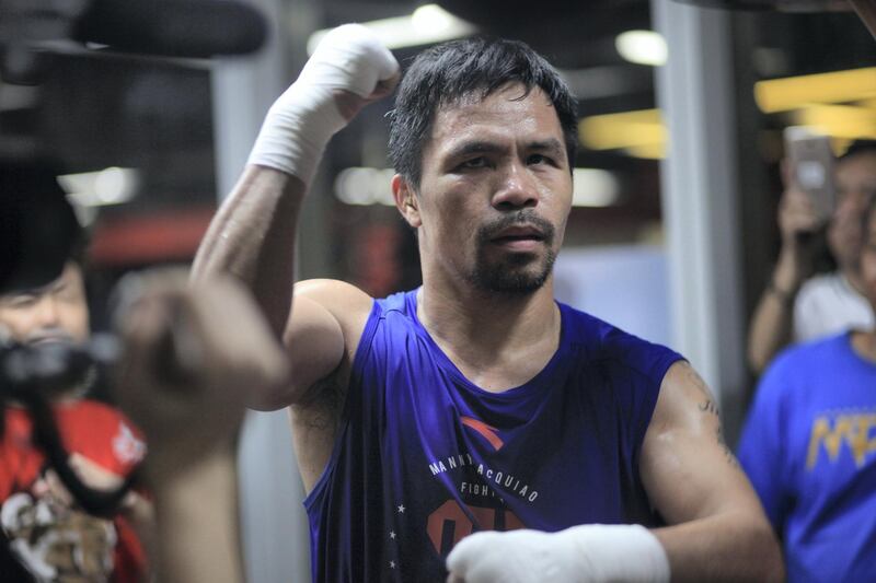 Eight-division boxing champion and Philippine Senator Manny Pacquiao trains for his upcoming fight against Adrien Broner at the Elorde Boxing Gym in Pasay City, Metro Manila.