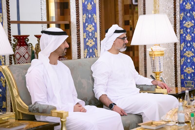 Sheikh Hamdan bin Mohammed, left, and Sheikh Khaled bin Mohamed, member of Abu Dhabi Executive Council and chairman of Abu Dhabi Executive Office, at the meeting.


