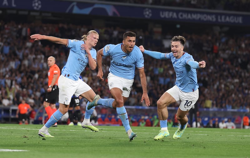 Rodri of Manchester City celebrates after scoring what turned out to be the match-winning goal in the Champions League final against Inter Milan at the Ataturk Olympic Stadium in Istanbul on Saturday, June 10, 2023. Getty