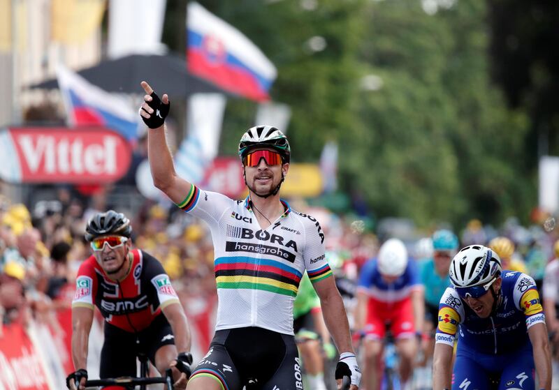 Bora-Hansgrohe rider Peter Sagan of Slovakia celebrates winning the stage. Benoit Tessier / Reuters