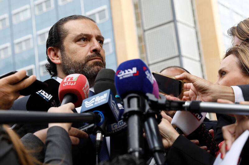 epa07012146 Lebanese Prime Minister Saad Hariri speaks to the press in front of the Special Tribunal for Lebanon after the presentation of closings arguments in the trial of four Hezbollah suspects accused of the 2005 assassination of the Lebanese Prime Minister Rafiq Hariri, in The Hague, The Netherlands, 11 September 2018.  EPA/BAS CZERWINSKI / POOL