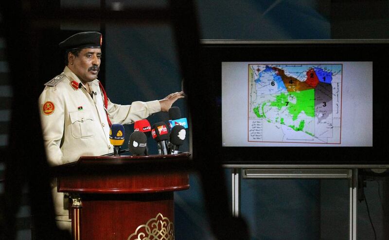 Ahmed Al Mismari, a spokesman for the Libyan National Army, holds a press conference in the eastern city of Benghazi on June 2, 2017. Abdullah Doma / AFP