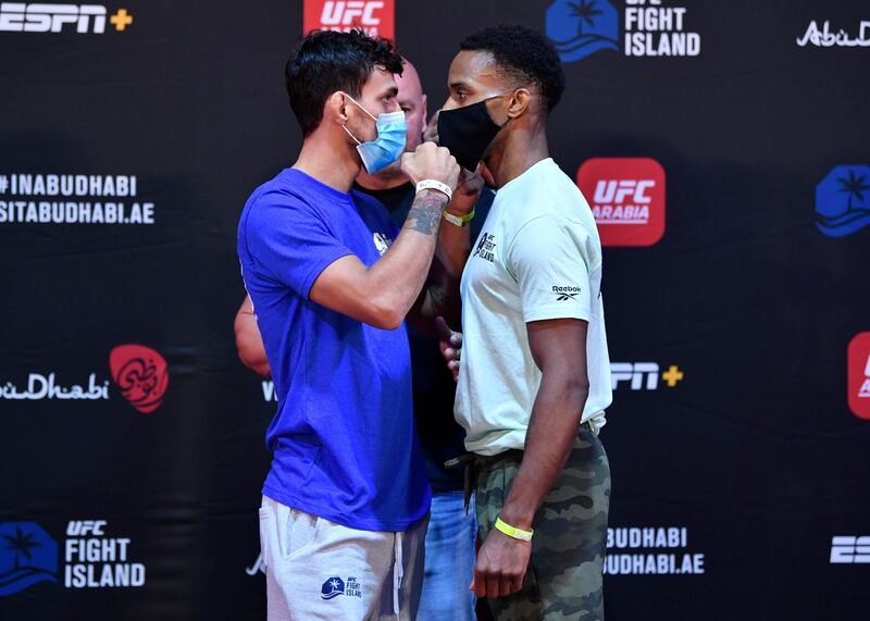 ABU DHABI, UNITED ARAB EMIRATES - JULY 14: (L-R) Opponents Ricardo Ramos of Brazil and Lerone Murphy of England face off during the UFC Fight Night weigh-in inside Flash Forum on UFC Fight Island on July 14, 2020 in Yas Island, Abu Dhabi, United Arab Emirates. (Photo by Jeff Bottari/Zuffa LLC via Getty Images)