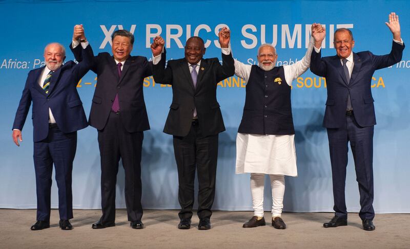 Leaders of the Brics countries pose for a group photograph in Johannesburg on Wednesday. AFP