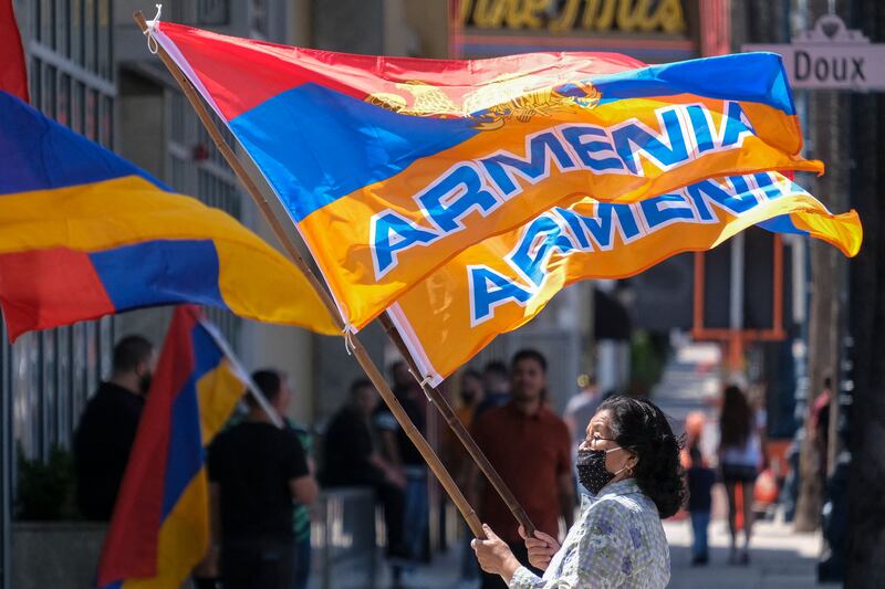 Armenia flags outside the Turkish consulate in a demonstration organised by the Armenian Youth Federation of the Western United States in Beverly Hills, California. AFP