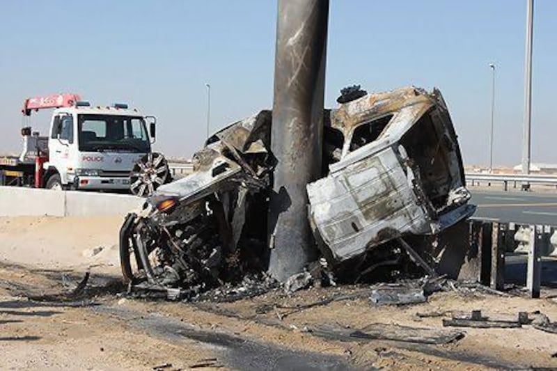 The wreckage of a Range Rover that crashed this morning at around 8am on Dubai Bypass Road. Courtesy of Dubai Police.