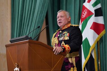 Jordan's King Abdullah II gives a speech during the inauguration of parliament in Amman on December 10, 2020. AP