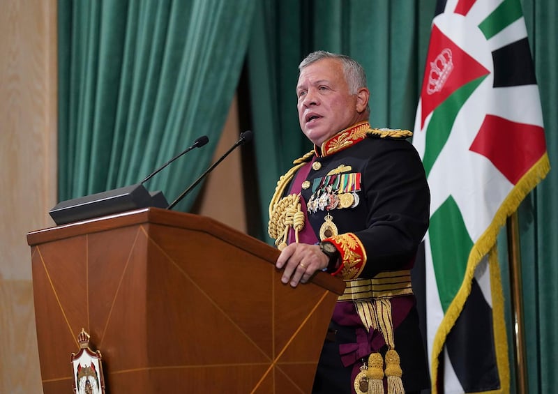 In this photo released by the Royal Hashemite Court, Jordan's King Abdullah II gives a speech during the inauguration of the 19th Parliamentâ€™s non-ordinary session, in Amman Jordan, Thursday, Dec. 10, 2020. (Yousef Allan/The Royal Hashemite Court via AP)