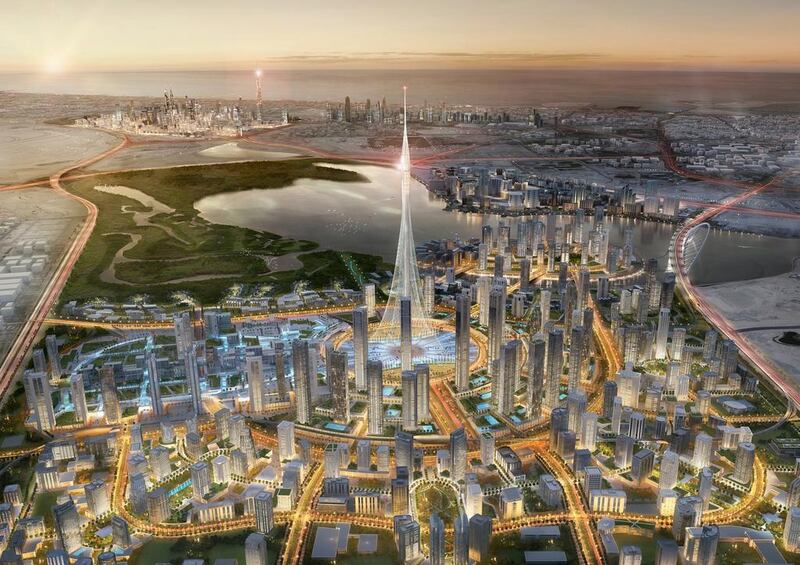Emaar, which building the world's tallest building in Dubai, the Tower at Dubai Creek Harbour, plans to sell a 20 per cent stake in its real estrate business, Emaar Development. Renderings courtesy Emaar
