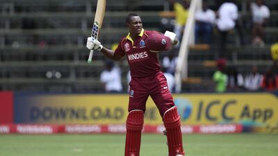 Rovman Powell of The West Indies celebrates his century during The ICC Cricket World Cup Qualifier between The West Indies and Ireland at The Harare Sports Club on March 10, 2018 in Harare, Zimbabwe. Courtesy ICC