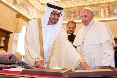 Monsignor Gaid pictured with Pope Francis and Mohammed bin Zayed. The Pope has made interfaith fraternity a key feature of his papacy. Supplied by Yoannis Gaid