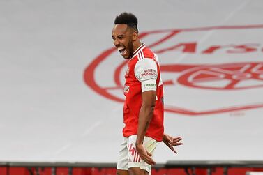 Arsenal's Pierre-Emerick Aubameyang of Arsenal celebrates scoring their second goal against Manchester City during the FA Cup semi-final match against Manchester City. EPA