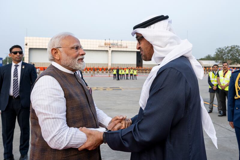 Sheikh Mohamed is greeted by Mr Modi ahead of the Vibrant Gujarat Global Summit