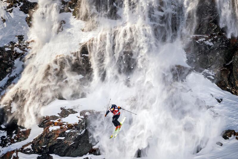 Sweden's Kristofer Turdell  on his way to victory during the Verbier Xtreme Freeride World Tour on the 'Bec des Rosses' mountain near Verbier, Switzerland, on Tuesday, March 23. AP