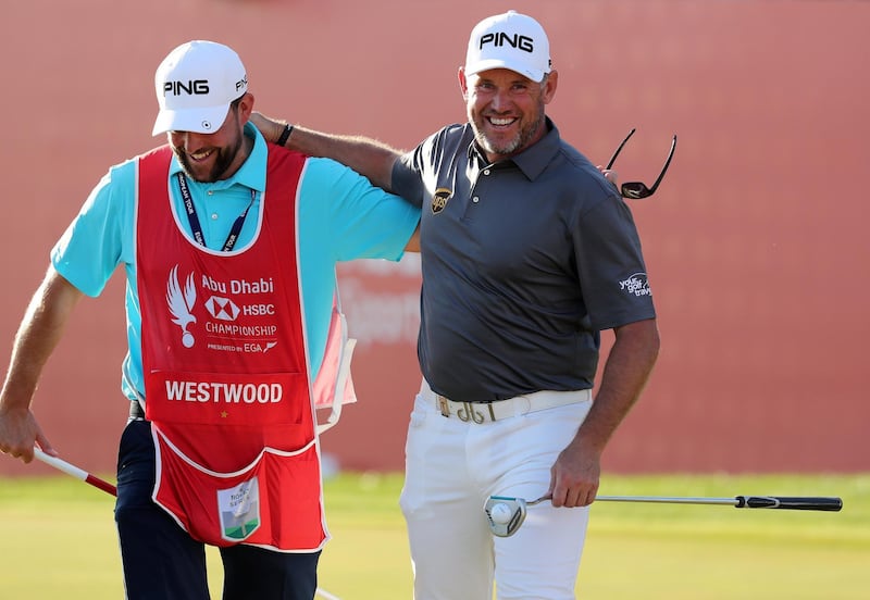 Abu Dhabi, United Arab Emirates - Reporter: Paul Radley and John McAuley: Lee Westwood celebrates winning the Abu Dhabi HSBC Championships. Sunday, January 19th, 2020. Abu Dhabi Golf Club, Abu Dhabi. Chris Whiteoak / The National