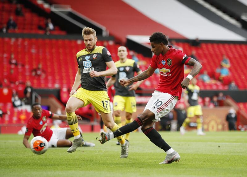 Marcus Rashford of Manchester United scores the 1-1 equaliser against Southampton. EPA