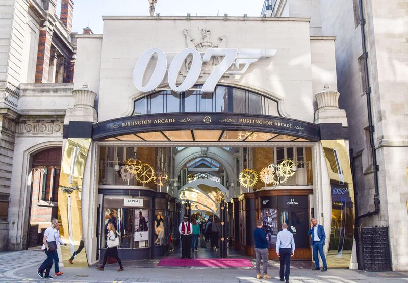 Burlington Arcade in central London has been decorated in James Bond branding. Photo: Alamy