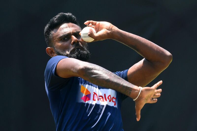 Sri Lanka's Isuru Udana bowls during a practice session at the Pallekele International Cricket Stadium in Kandy on March 3, 2020, ahead of the first T20 international cricket match between Sri Lanka and West Indies. (Photo by ISHARA S. KODIKARA / AFP)